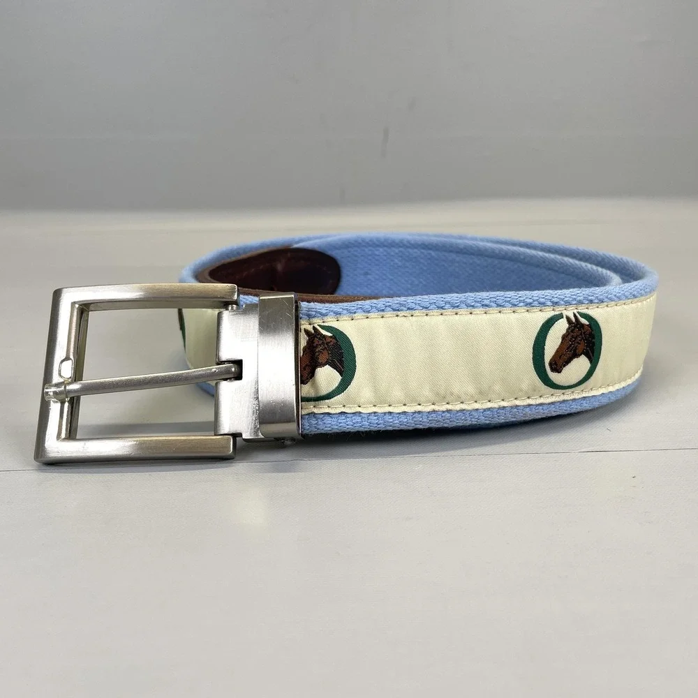 YRI Belt Mens Light Blue Horse Ribbon Canvas Leather Buckle Equestrian